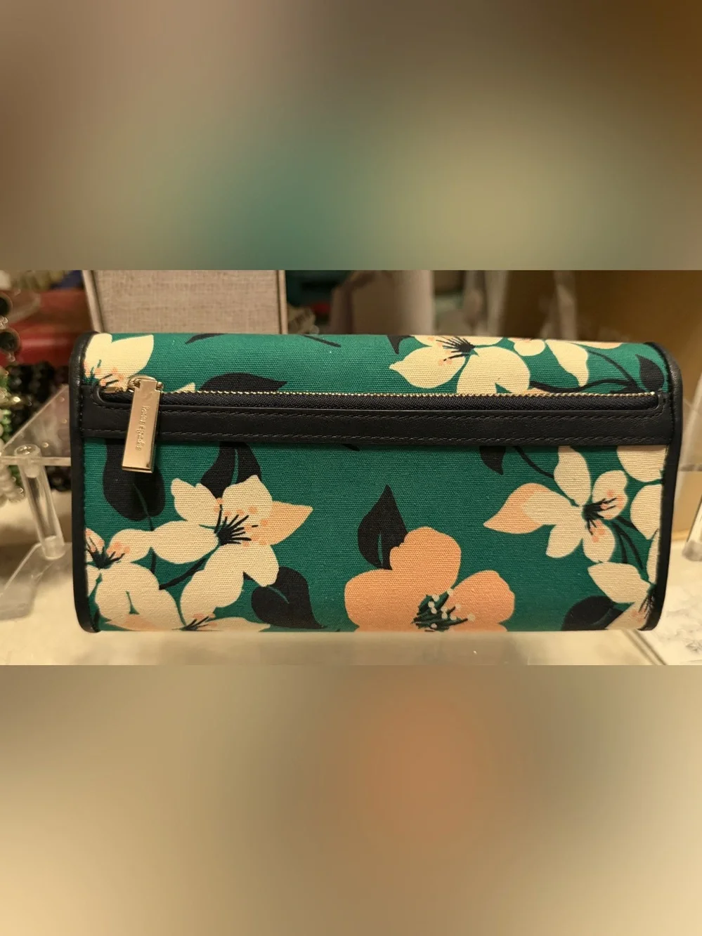 kate spade Green Floral Wallet with Peach Blooms and Gold Plaque